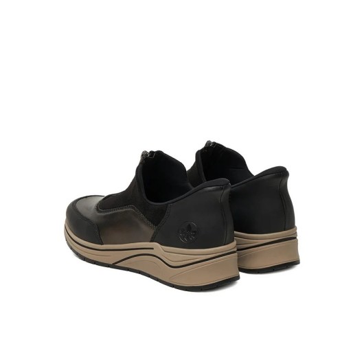 Rieker N9553-25 – czarne półbuty damskie z metalicznym wykończeniem i zamkiem