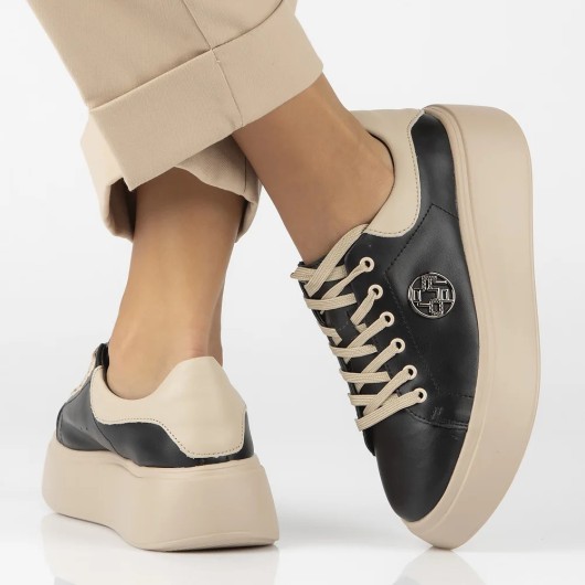 Skórzane sneakersy damskie Filippo czarno-beżowe