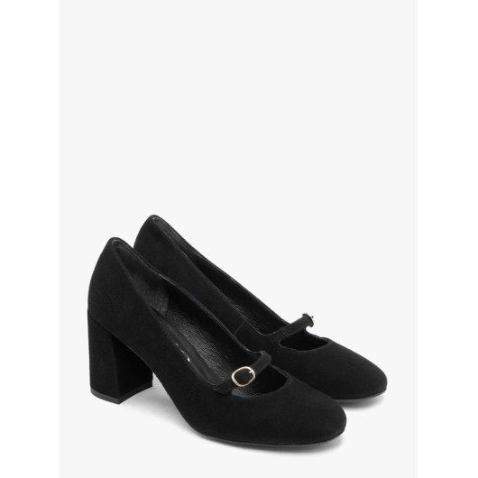 Ryłko Czarne czółenka z weluru na obcasie z paskiem