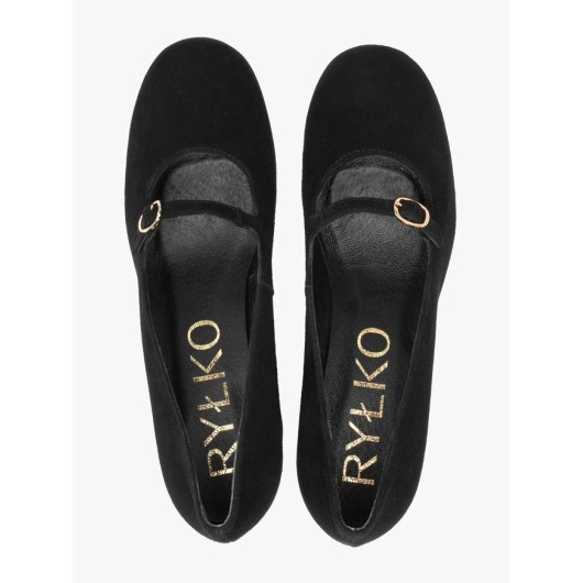 Ryłko Czarne czółenka z weluru na obcasie z paskiem