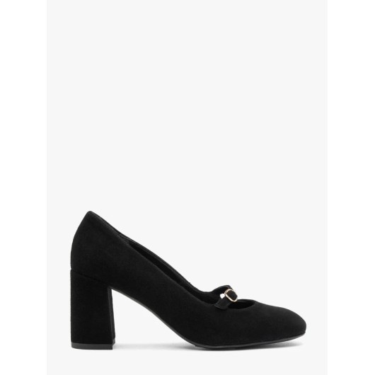 Ryłko Czarne czółenka z weluru na obcasie z paskiem