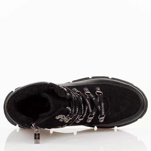 Czarne skórzane botki damskie na traperze T.Sokolski