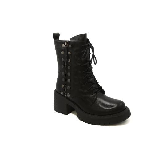 Skórzane workery damskie Tazani – czarne botki na słupku z ozdobnymi nitami i zamkiem | HIT sezonu!