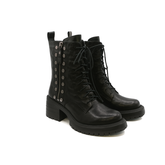 Skórzane workery damskie Tazani – czarne botki na słupku z ozdobnymi nitami i zamkiem | HIT sezonu!