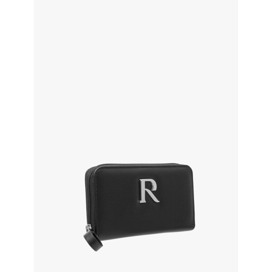 Czarny portfel skórzany damski ze srebrnymi detalami