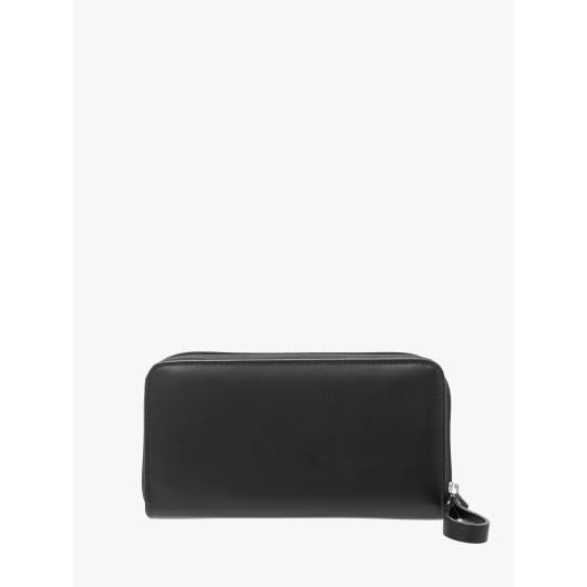 Czarny portfel skórzany damski ze srebrnymi detalami