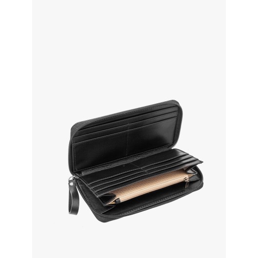 Czarny portfel skórzany damski ze srebrnymi detalami