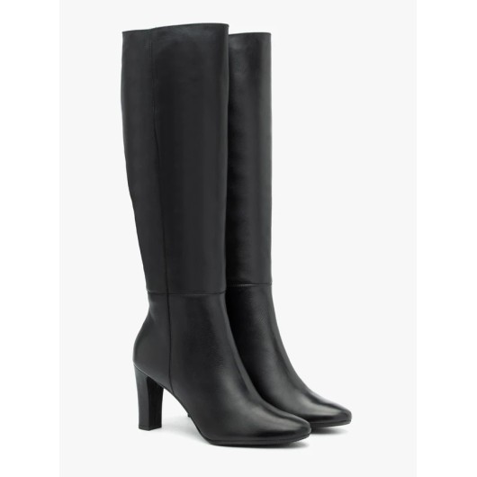 Ryłko -czarne kozaki ze skóry licowej na wysokim obcasie