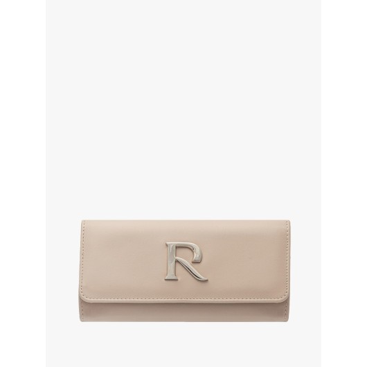 Beżowy skórzany portfel damski ze srebrnymi detalami