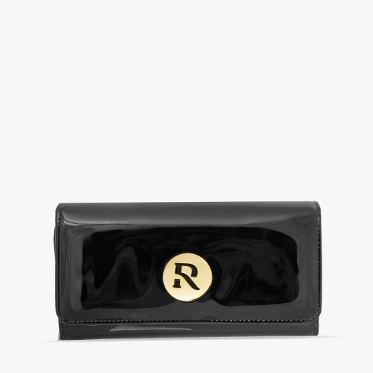 Czarny skórzany lakierowany portfel damski
