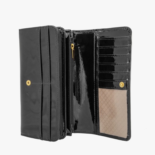Czarny skórzany lakierowany portfel damski