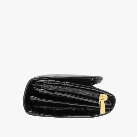 Czarny skórzany lakierowany portfel damski