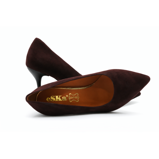 Czekoladowe czółenka zamszowe ESKA na obcasie – skóra naturalna