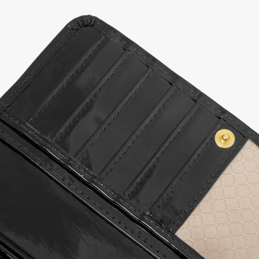 Czarny skórzany lakierowany portfel damski