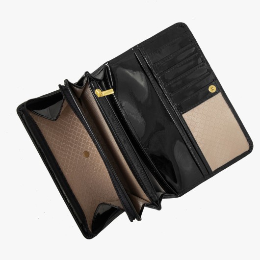 Czarny skórzany lakierowany portfel damski