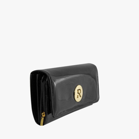Czarny skórzany lakierowany portfel damski