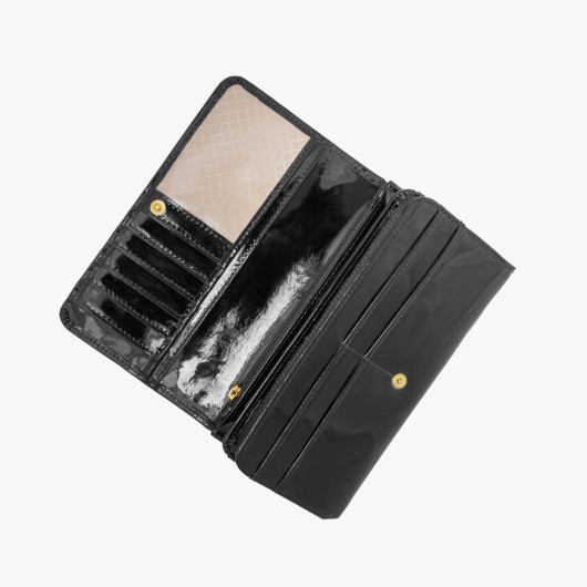 Czarny skórzany lakierowany portfel damski