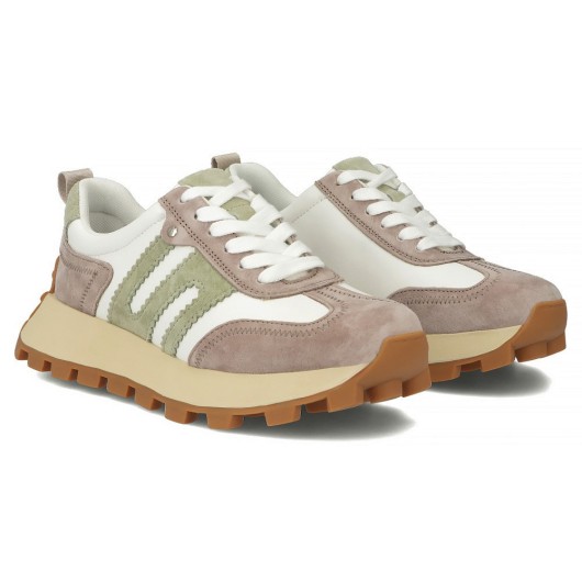Skórzane sneakersy damskie Filippo biało-beżowe na platformie