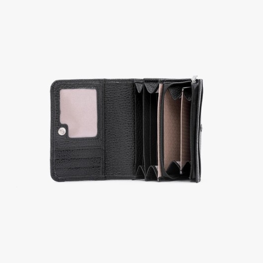 Czarny skórzany portfel ze srebrnym detalem