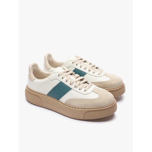 Sneakersy Ryłko beżowe z zielonym akcentem – skórzane buty damskie na platformie