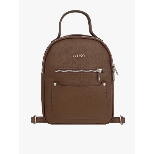 Brązowy plecak Ryłko – skórzany plecak damski z kieszeniami