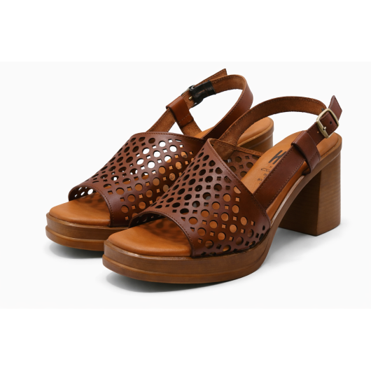 Hiszpańskie sandały skórzane damskie na słupku – Hee brązowe