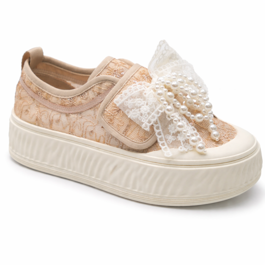 Sneakersy koronkowe Loretta Vitale – beżowe buty damskie na platformie z perełkami HIT