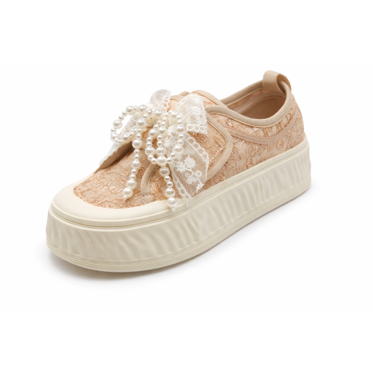 Sneakersy koronkowe Loretta Vitale – beżowe buty damskie na platformie z perełkami HIT