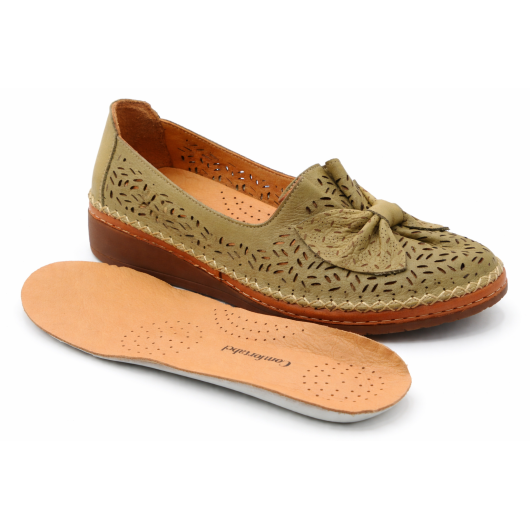 Comfortabel półbuty damskie skórzane ażurowe khaki – wygodne, lekkie, na lato do 42