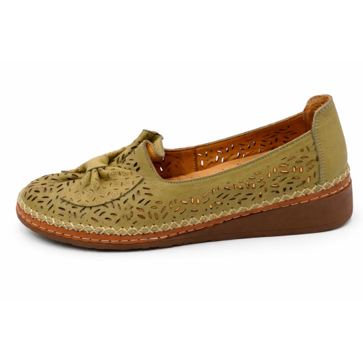 Comfortabel półbuty damskie skórzane ażurowe khaki – wygodne, lekkie, na lato do 42