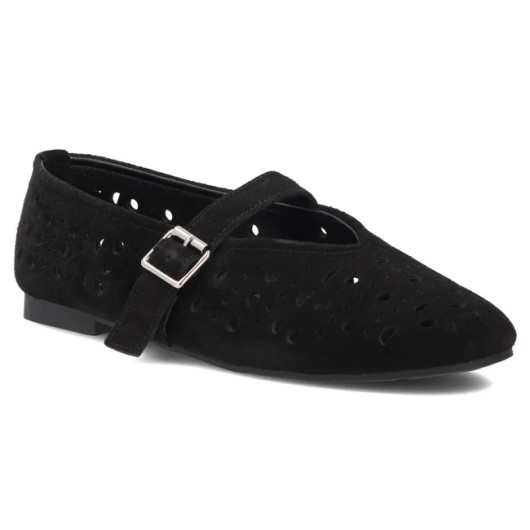Skórzane baleriny zamszowe Filippo czarne – ażurowe, lekkie i stylowe
