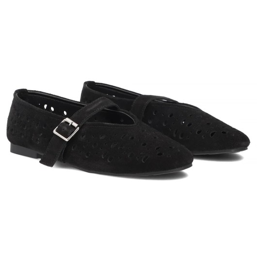 Skórzane baleriny zamszowe Filippo czarne – ażurowe, lekkie i stylowe