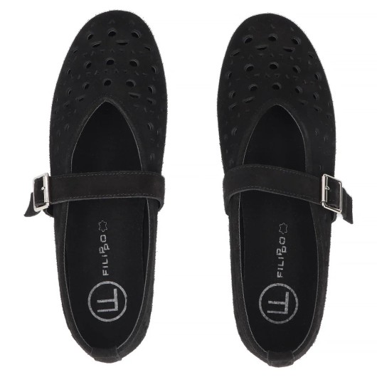 Skórzane baleriny zamszowe Filippo czarne – ażurowe, lekkie i stylowe