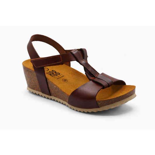 Hiszpańskie sandały damskie HEE skórzane na koturnie – brązowe wygodne sandały lato