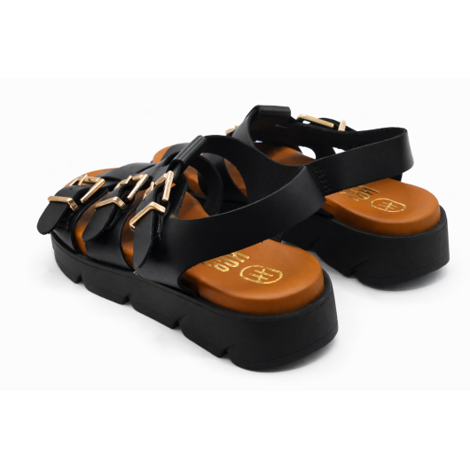 Hiszpańskie sandały damskie HEE – czarne, skórzane z klamrami