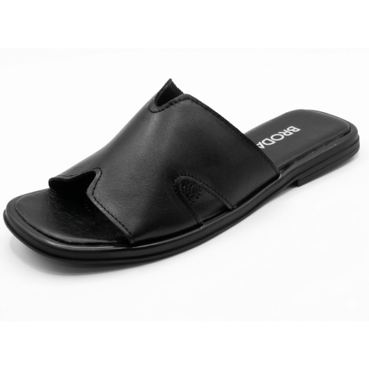 Damskie Klapki Skórzane BRODACZ – Czarne, Eleganckie Klapki z Wycięciami