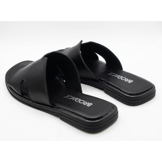 Damskie Klapki Skórzane BRODACZ – Czarne, Eleganckie Klapki z Wycięciami