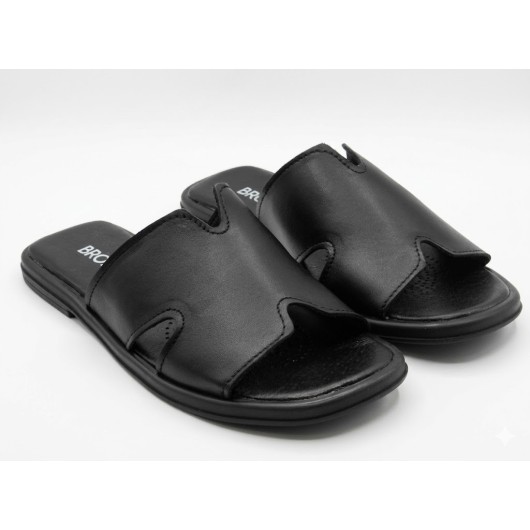 Damskie Klapki Skórzane BRODACZ – Czarne, Eleganckie Klapki z Wycięciami