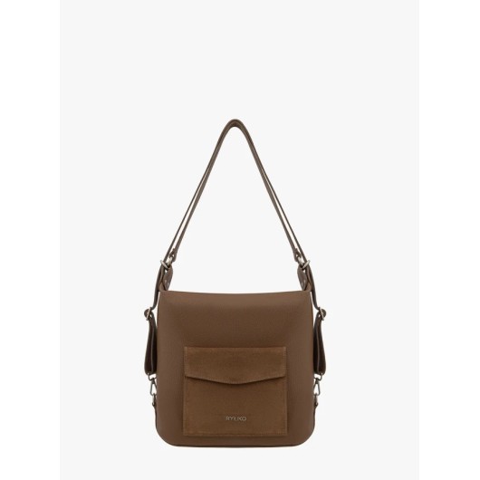 Jasnobrązowy skórzany plecak damski Ryłko 2w1 – torebka plecak elegancki