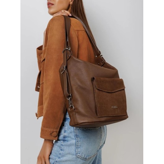 Jasnobrązowy skórzany plecak damski Ryłko 2w1 – torebka plecak elegancki