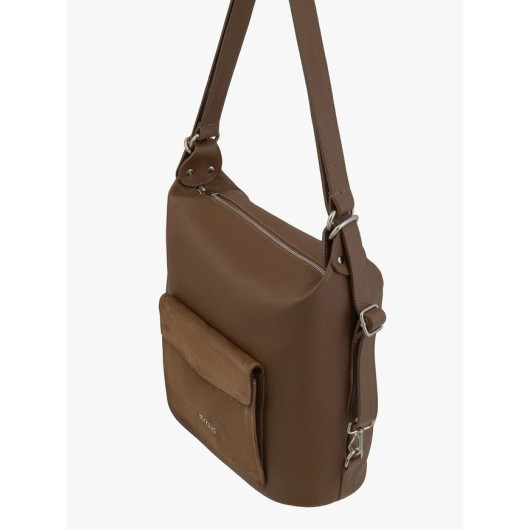 Jasnobrązowy skórzany plecak damski Ryłko 2w1 – torebka plecak elegancki