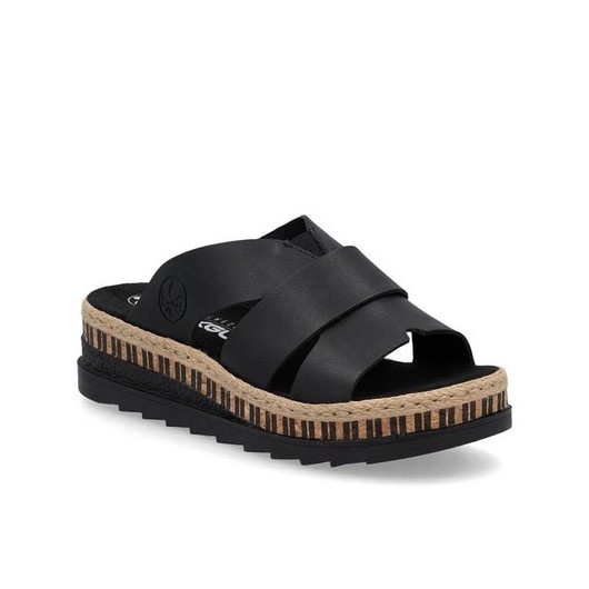Klapki damskie Rieker V7989-00 czarne – skórzane na platformie, wygodne