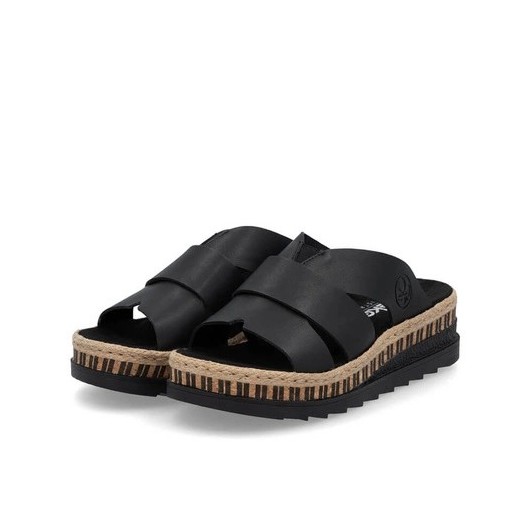Klapki damskie Rieker V7989-00 czarne – skórzane na platformie, wygodne