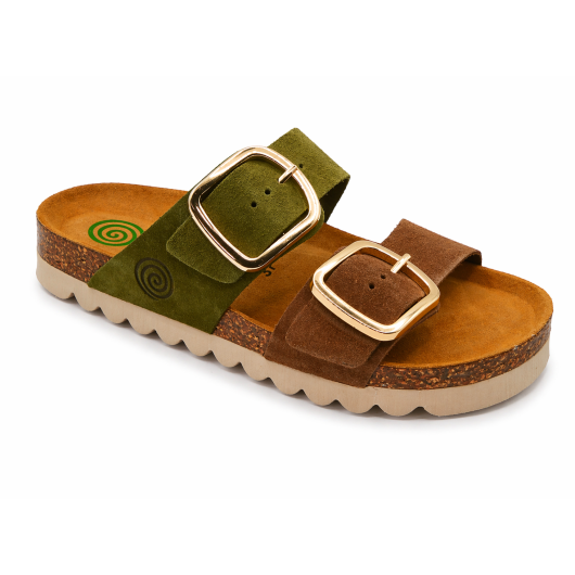 Klapki damskie Dr. Brinkmann zielono-brązowe z klamrami – komfortowe na lato