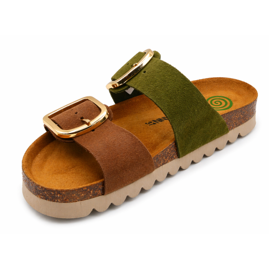 Klapki damskie Dr. Brinkmann zielono-brązowe z klamrami – komfortowe na lato