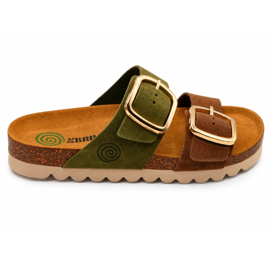 Klapki damskie Dr. Brinkmann zielono-brązowe z klamrami – komfortowe na lato