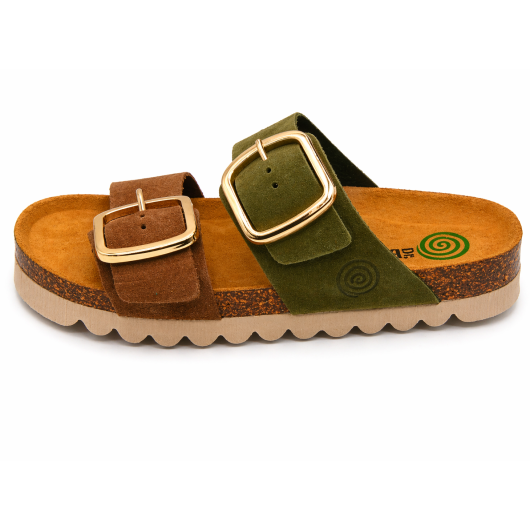 Klapki damskie Dr. Brinkmann zielono-brązowe z klamrami – komfortowe na lato