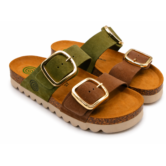 Klapki damskie Dr. Brinkmann zielono-brązowe z klamrami – komfortowe na lato