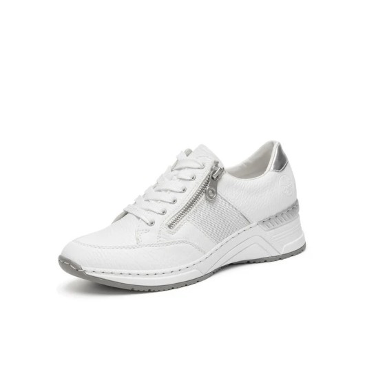 Półbuty Damskie Rieker N4322-80 – Białe Skórzane Sneakersy z Systemem Antistress