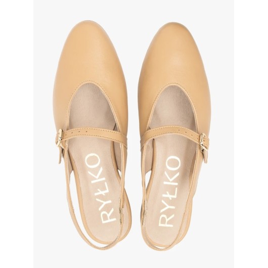 Beżowe czółenka bez pięty Ryłko – skórzane buty damskie typu slingback